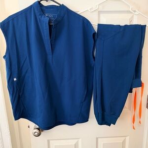Figs Deep Royal Blue Scrub Top and Jogger Set with Orange Drawstrings